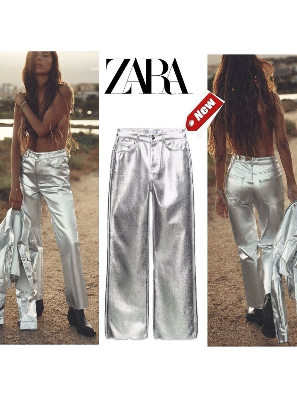 Zara metallic silver liquid foil straight cut high rise denim jeans Sz 0 NWT